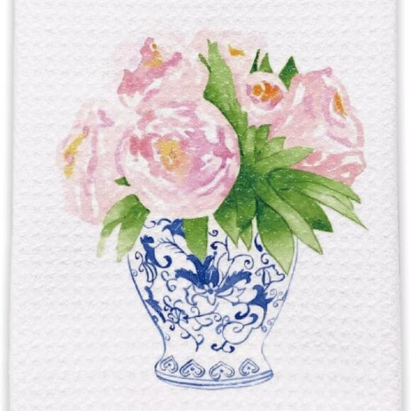 Set of Chinoiserie Towels with Mini Silk Flower in Cotton Rope Basket - Picture 2 of 6